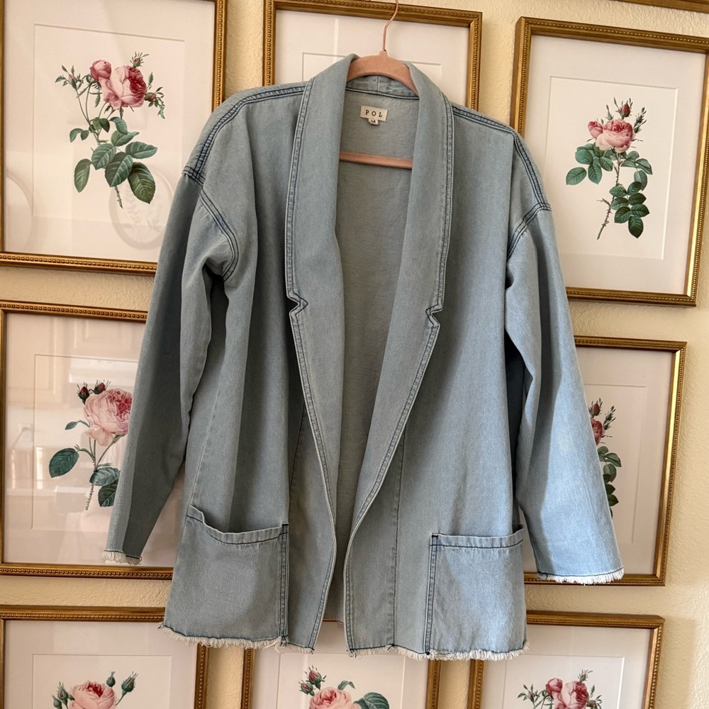 POL Light Blue Denim Open-Front Jacket with Shawl Collar